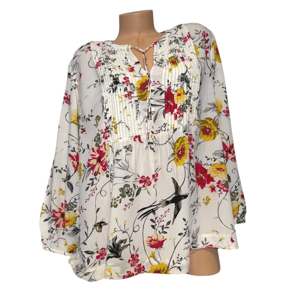 Old Navy Women XL Floral Bird Print Pintuck Neck Tie Blouse Top White Red Yellow